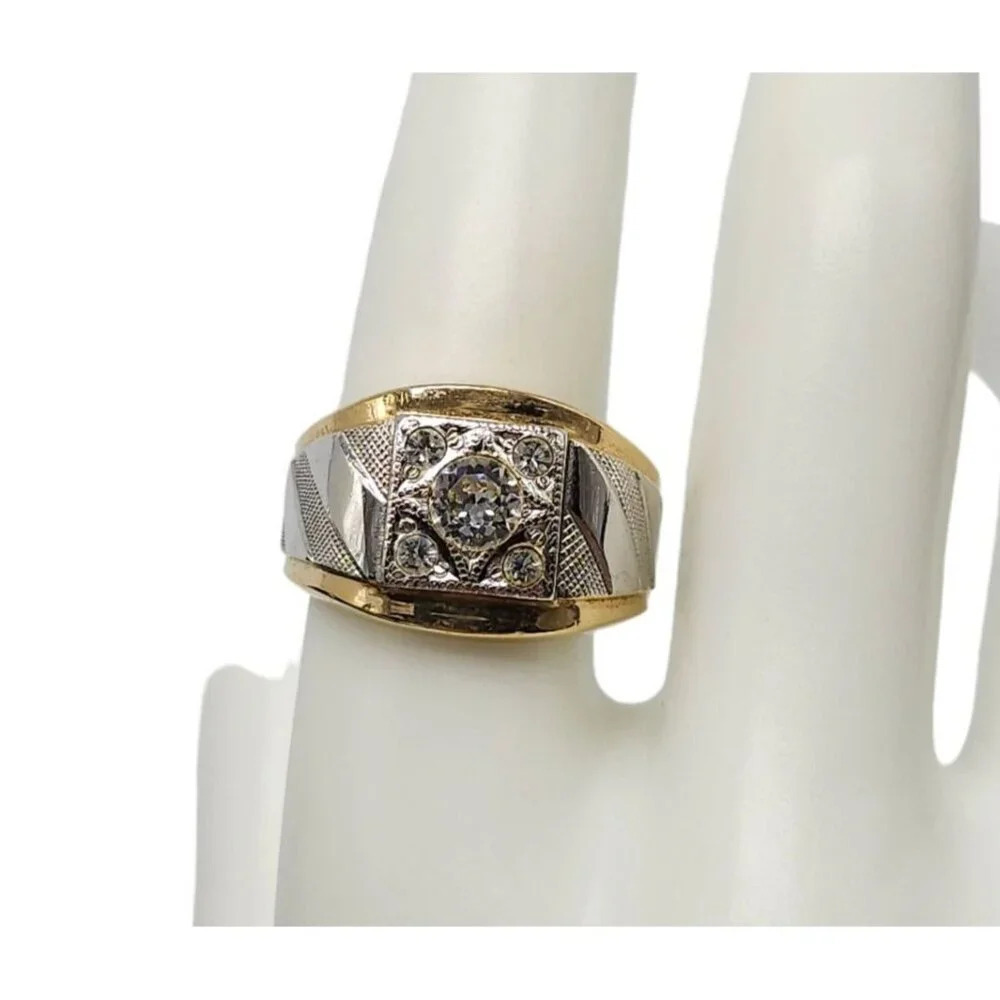 Uncas 18k Gold Plated Two-Tone Textured Clear Rhinestone Zircon Ring Size 9